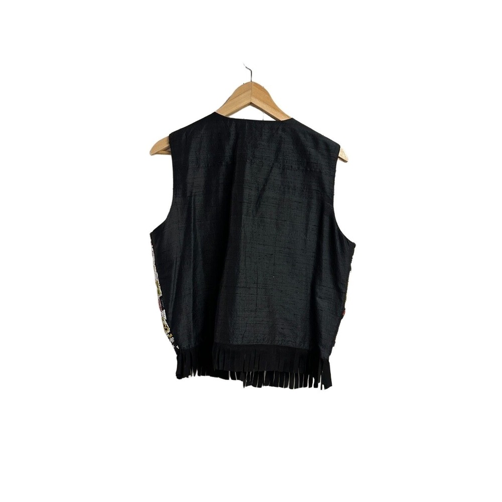 Vintage Hand Beaded Fringe Vest Silk Ivory Black Red Yellow Boho Festival S - Picture 6 of 6